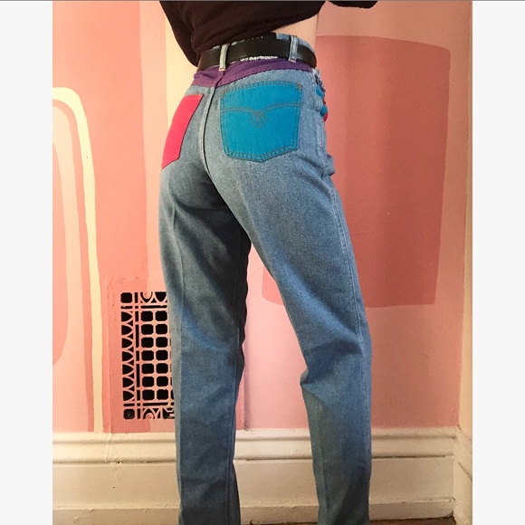 90s Vintage High Waisted Jeans With Patchwork - Picture 3 of 6